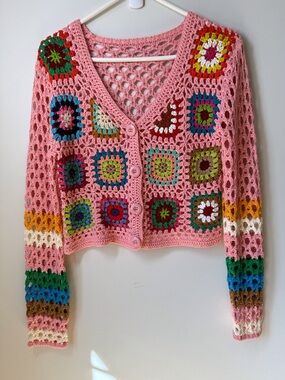 Boho Festival Hippie Crochet Granny Square Button Cardigan Sweater multicolor